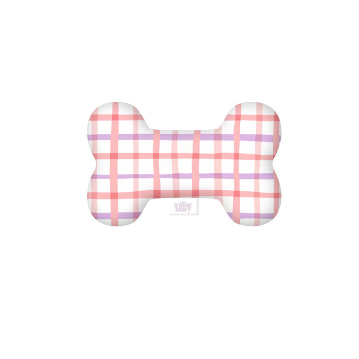 Pink Plaid Dog Bone Squeaky Plush Toy