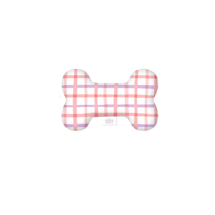 Pink Plaid Dog Bone Squeaky Plush Toy