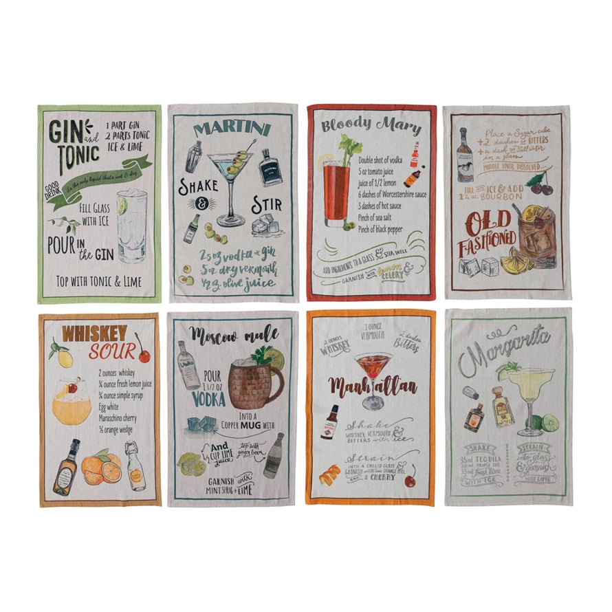 Cotton Chambray Printed Tea Towel w/ Cocktail Recipe