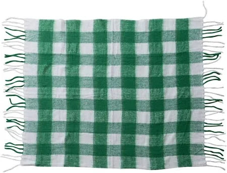 Green & White Plaid Woven Acrylic Throw w Fringe