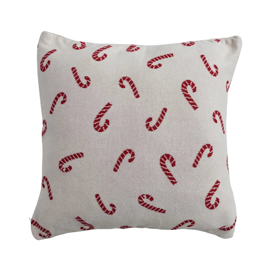 Square Cotton Knit Pillow with Candy Cane Pattern