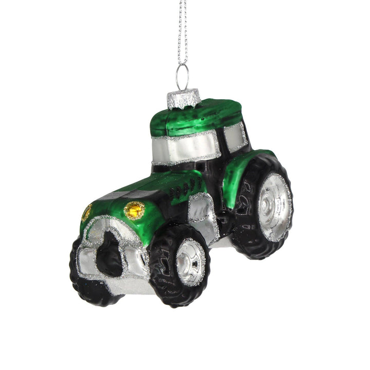 Green Tractor Glass Christmas Ornament