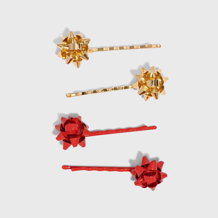 Gift Bow Bobby Pins- Red & Gold