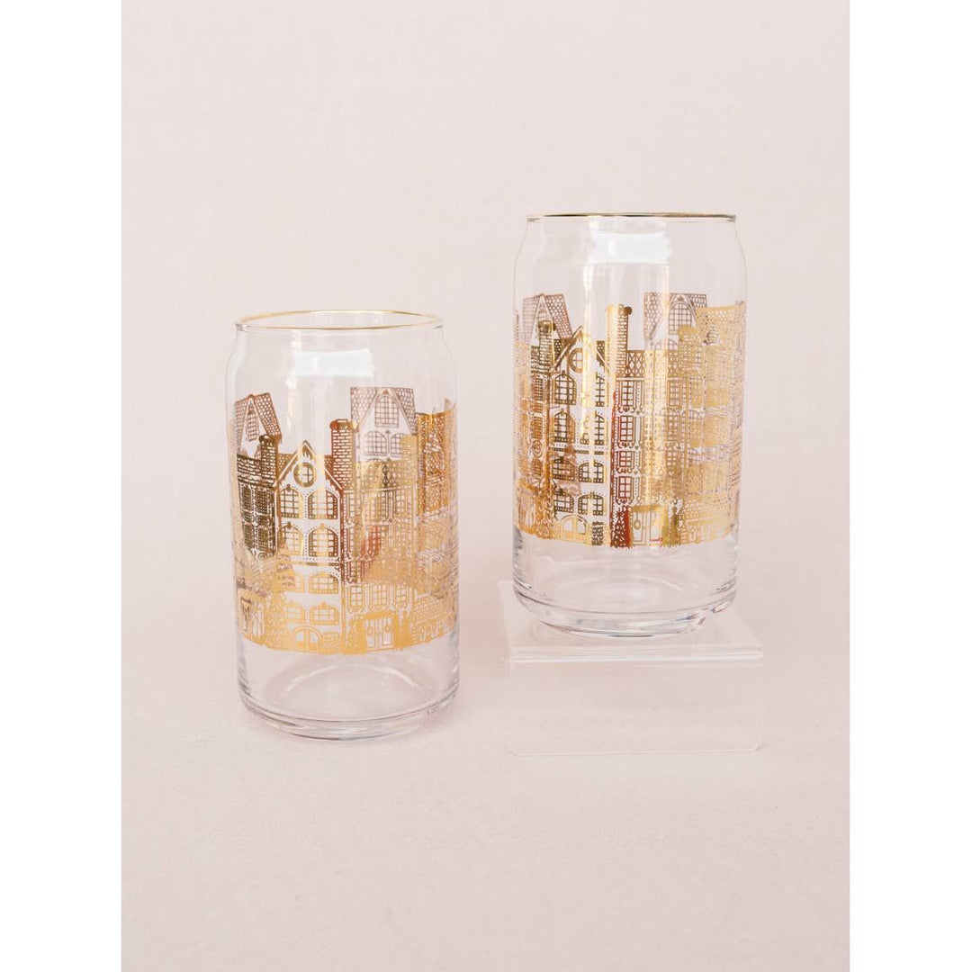 Golden Winter Village Glass Can