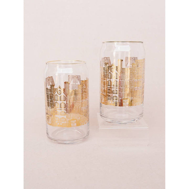 Golden Winter Village Glass Can