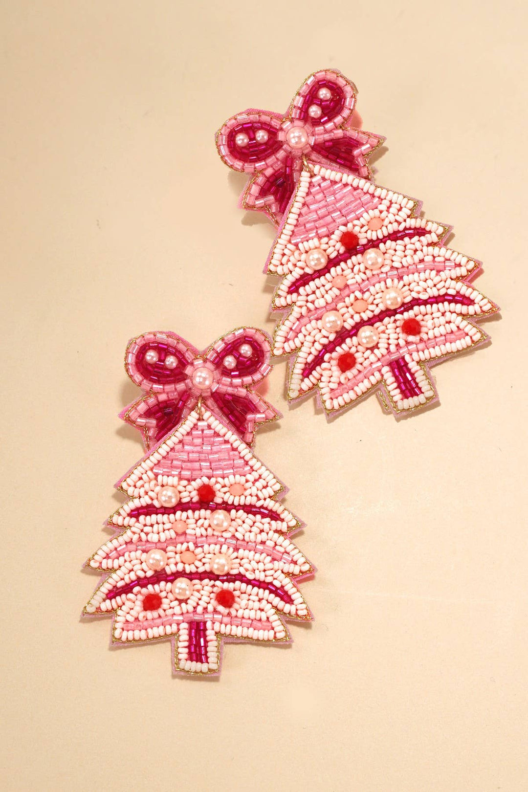 Pink Christmas Bell Bow Seed Bead Earring