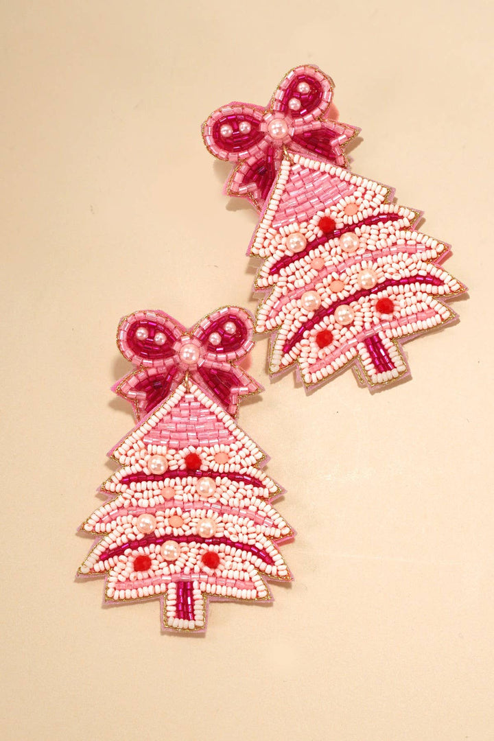 Pink Christmas Bell Bow Seed Bead Earring