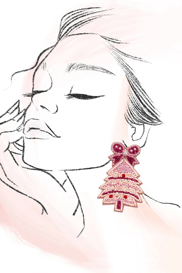 Pink Christmas Bell Bow Seed Bead Earring