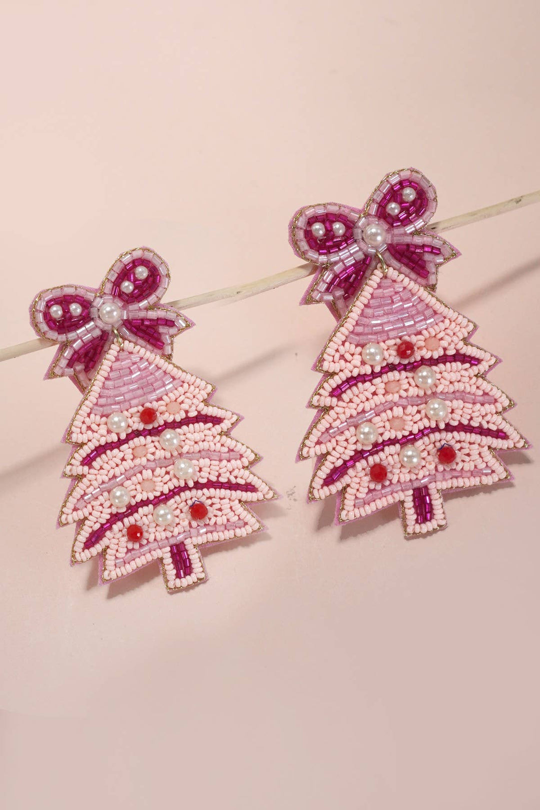 Pink Christmas Bell Bow Seed Bead Earring
