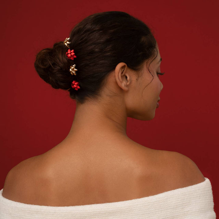 Gift Bow Bobby Pins- Red & Gold