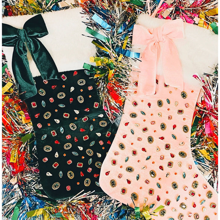 Dark Green Velvet Christmas Stocking with Bow