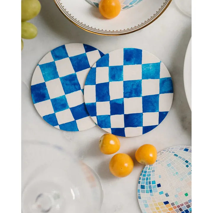 Blue Checkered Coaster Super Absorbent Reusable