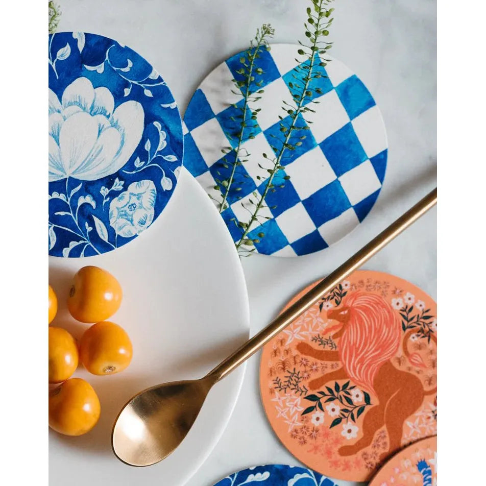 Blue Checkered Coaster Super Absorbent Reusable