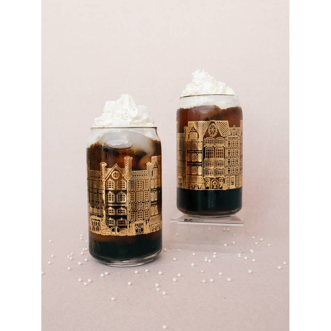 Golden Winter Village Glass Can