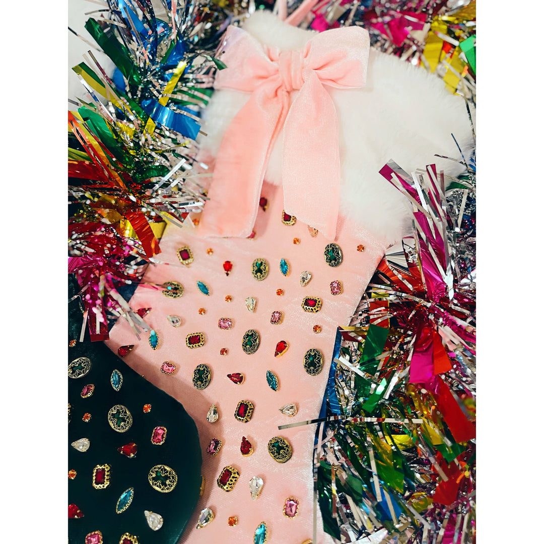 Pink Bejeweled Velvet Christmas Stocking with Bow