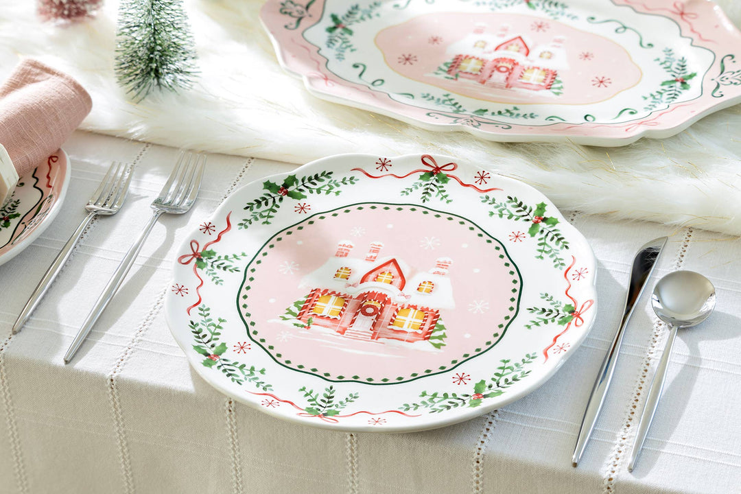 Christmas House Pink  Dinner Plate