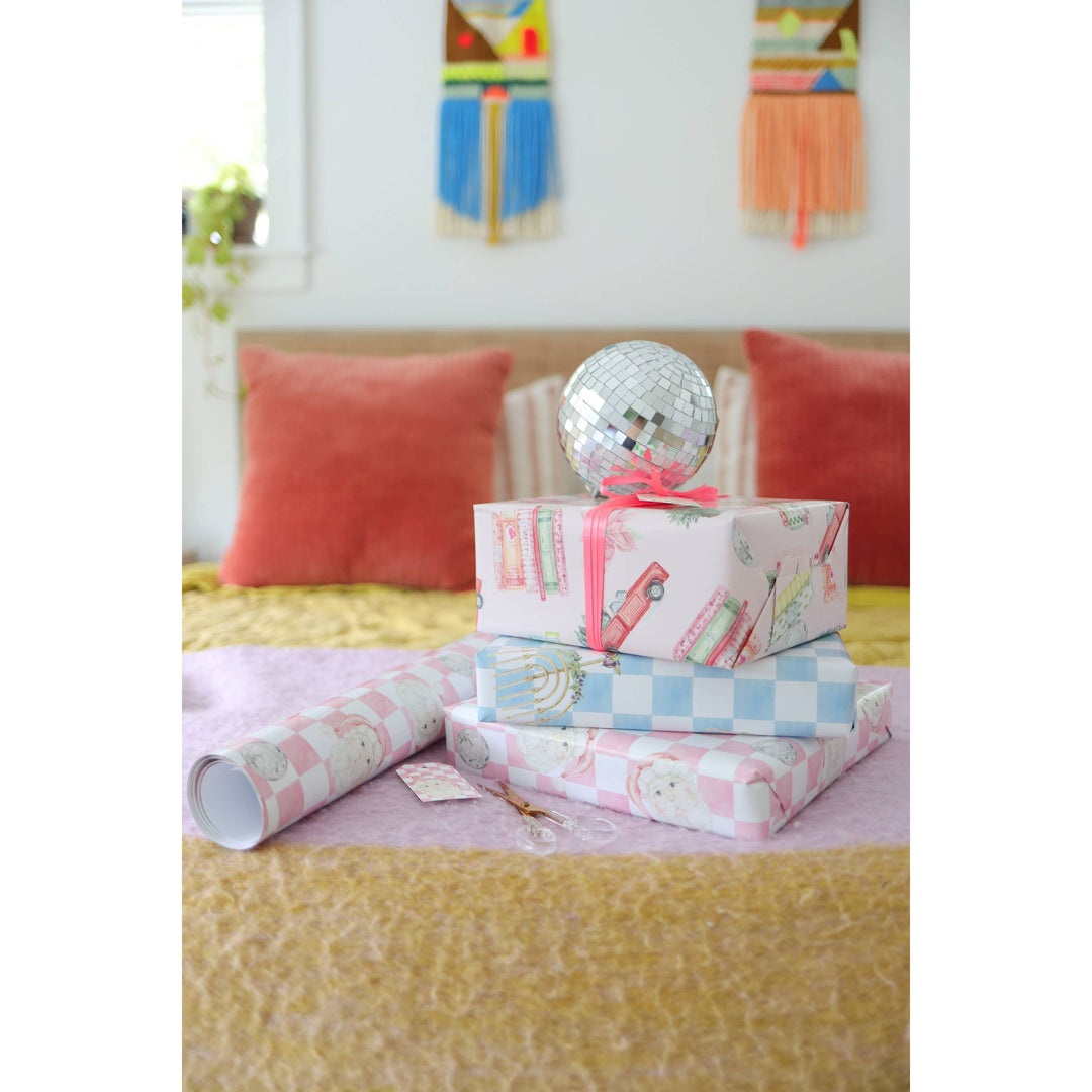 Disco Santa Claus Pink Checker Print Gift Wrap