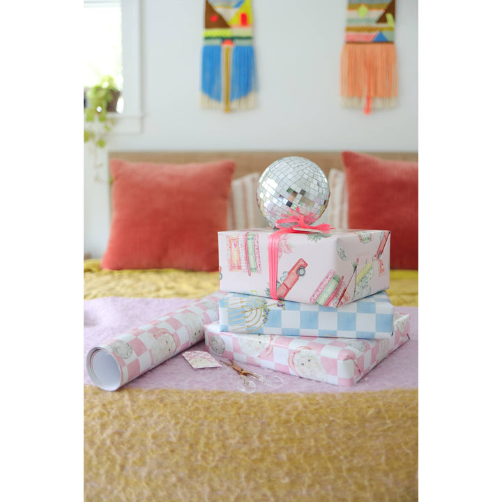 Disco Santa Claus Pink Checker Print Gift Wrap