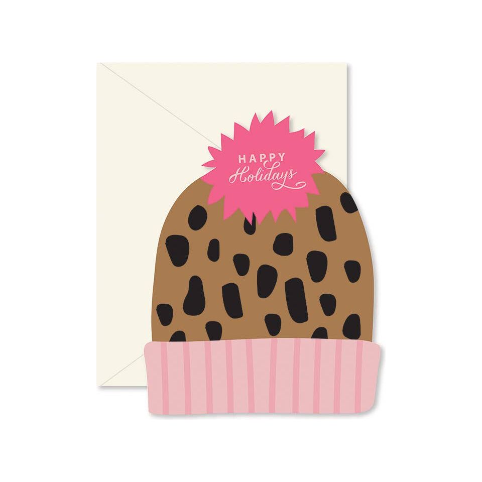 Happy Holidays Leopard Pink Hat Greeting Card