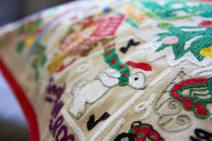 North Pole City Hand-Embroidered Pillow