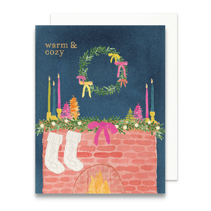 Whimsical Holiday Mantel Greeting Card | Gold Foil Card