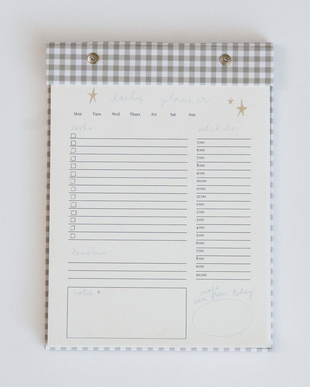 Daily Planner Notepad in Pistachio Green Gingham
