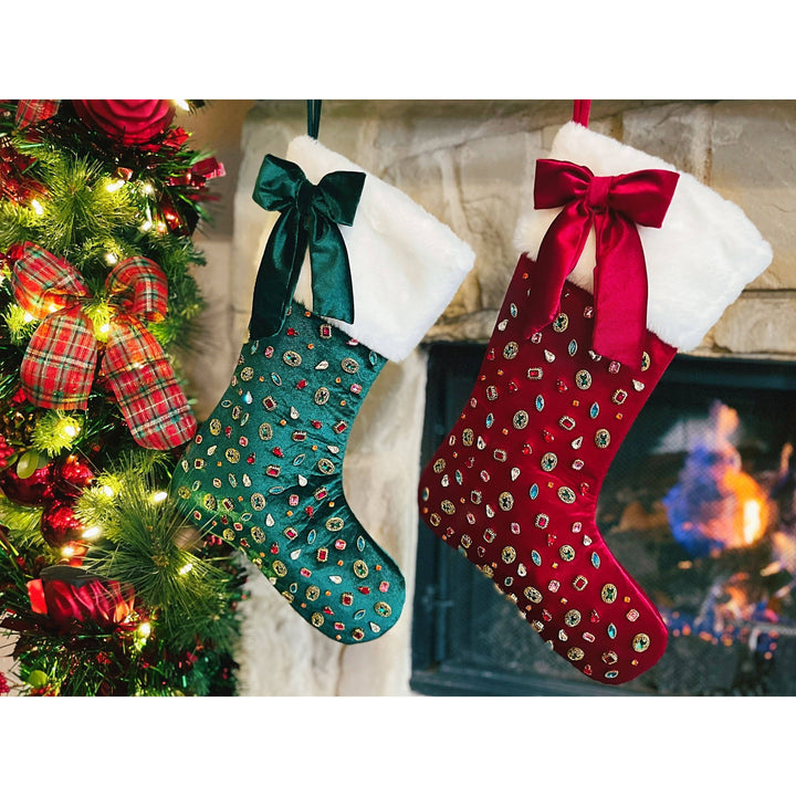 Dark Green Velvet Christmas Stocking with Bow