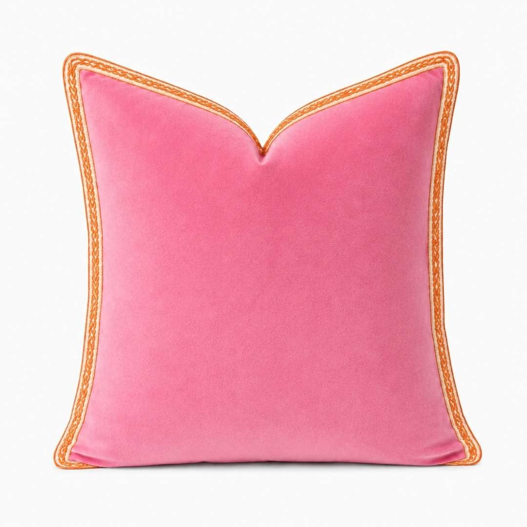 Hot Pink Velvet Pillow with Orange Embroidery