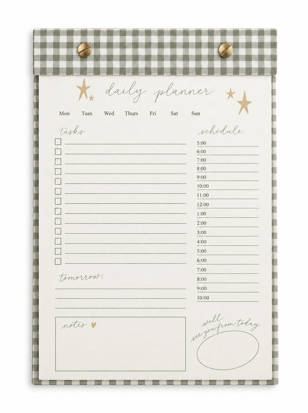 Daily Planner Notepad in Pistachio Green Gingham