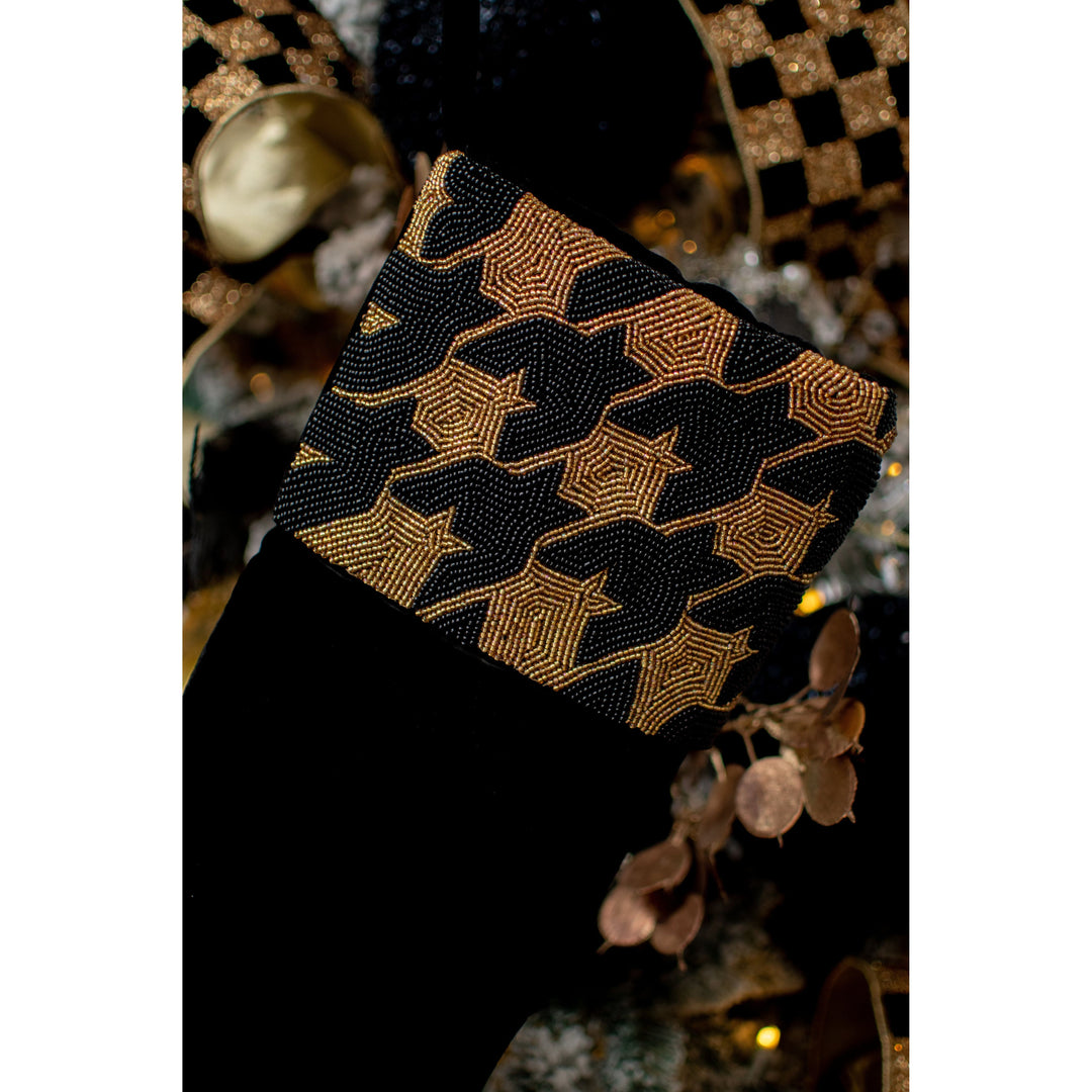 Houndstooth Black & Gold Beaded Cuff