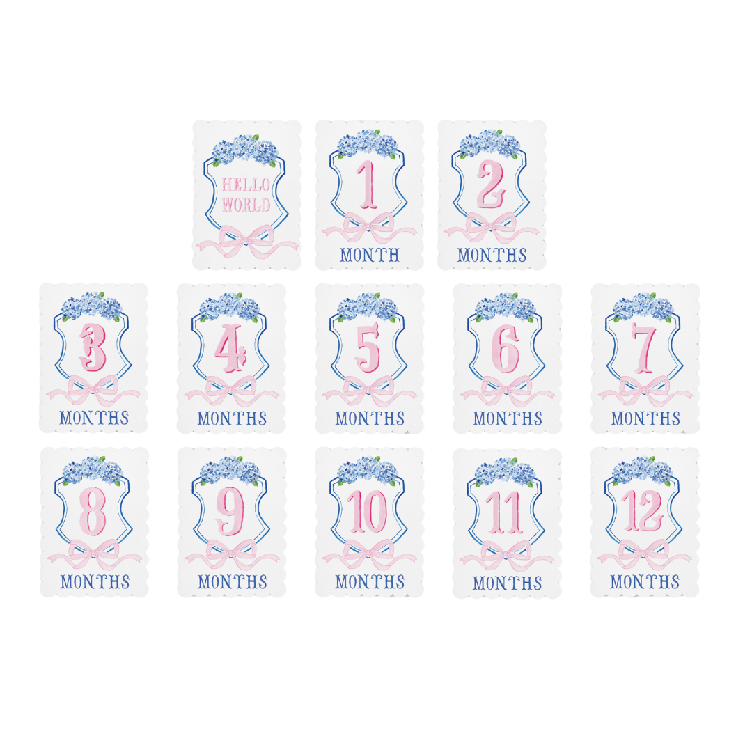 Blue and Pink Crest Scalloped Monthly Milestone Cards