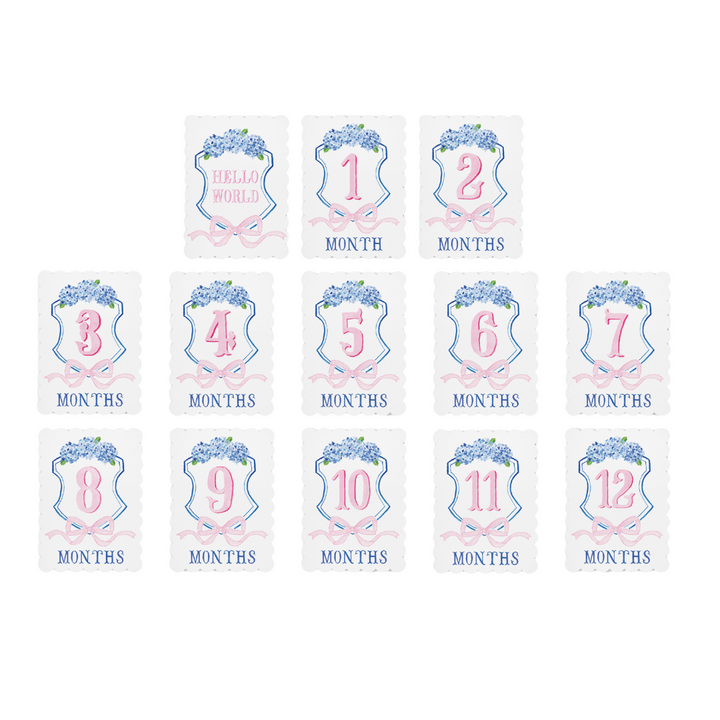 Blue and Pink Crest Scalloped Monthly Milestone Cards