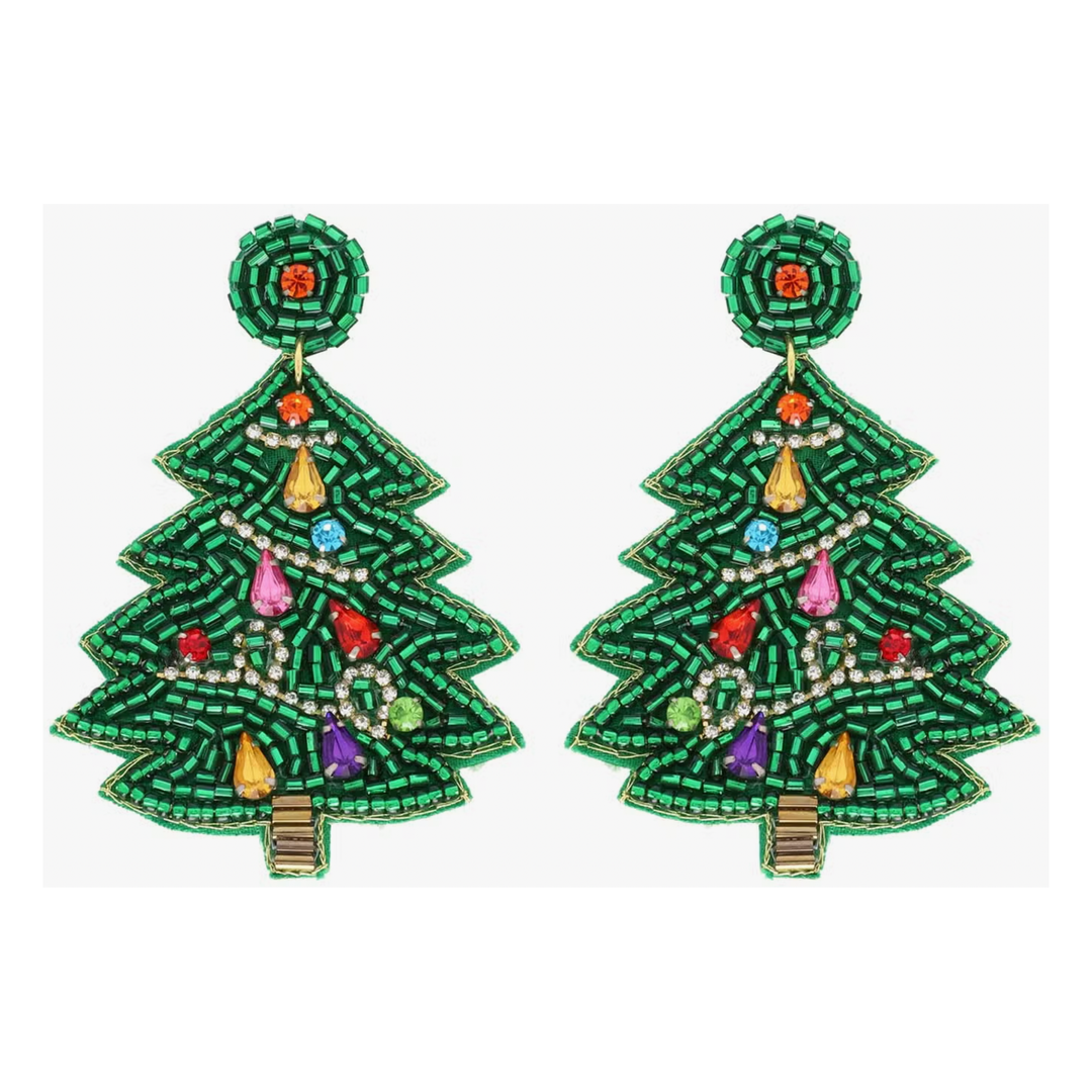 Beaded Christmas Tree Dangle Earrings
