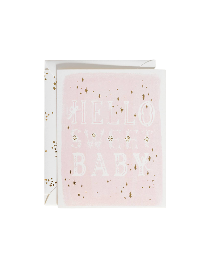 Hello Sweet Baby Pink w Gold Letters Baby Greeting Card