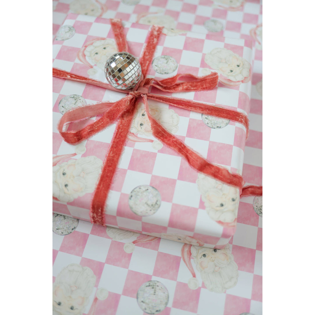 Disco Santa Claus Pink Checker Print Gift Wrap