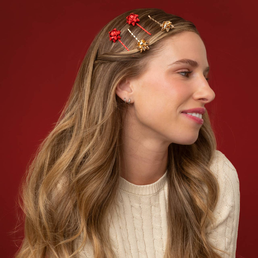 Gift Bow Bobby Pins- Red & Gold