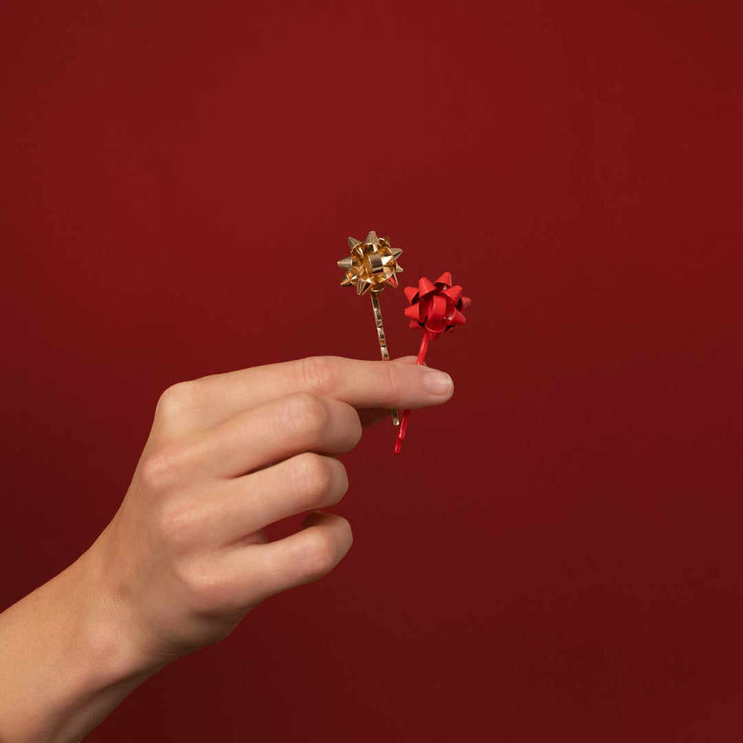 Gift Bow Bobby Pins- Red & Gold