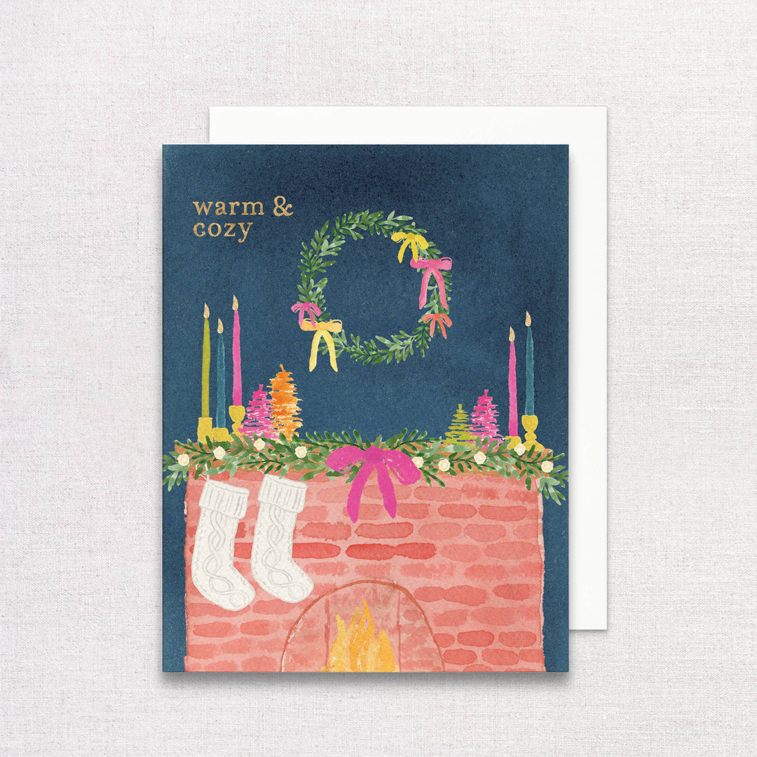 Whimsical Holiday Mantel Greeting Card | Gold Foil Card