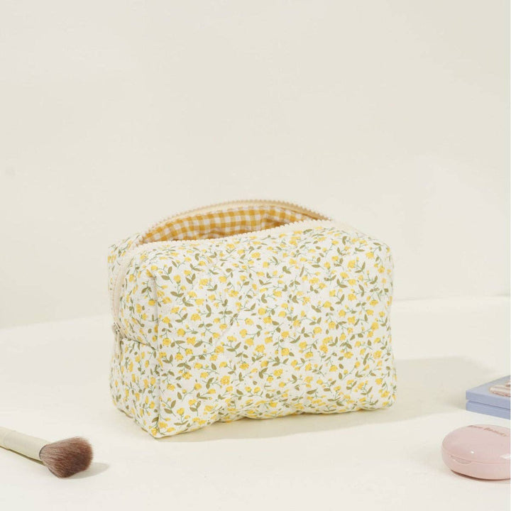 Yellow Floral Quilted Large Cosmetic Bag