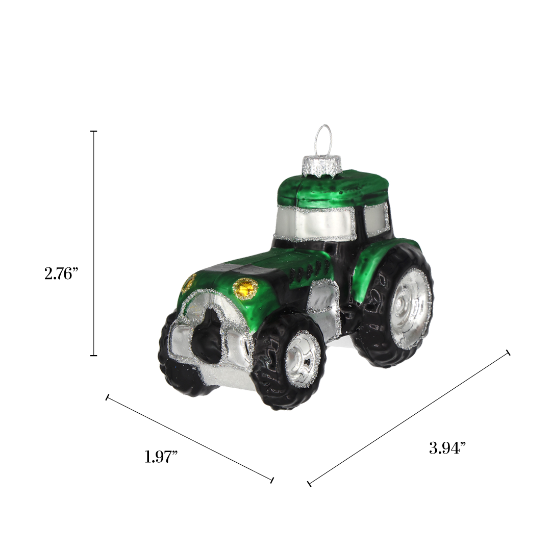 Green Tractor Glass Christmas Ornament