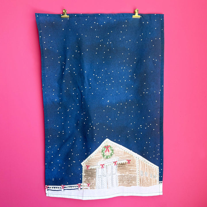 Whimsical Holiday Barn Tea Towel