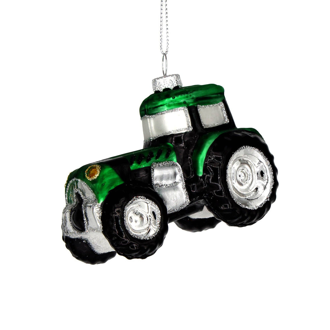 Green Tractor Glass Christmas Ornament