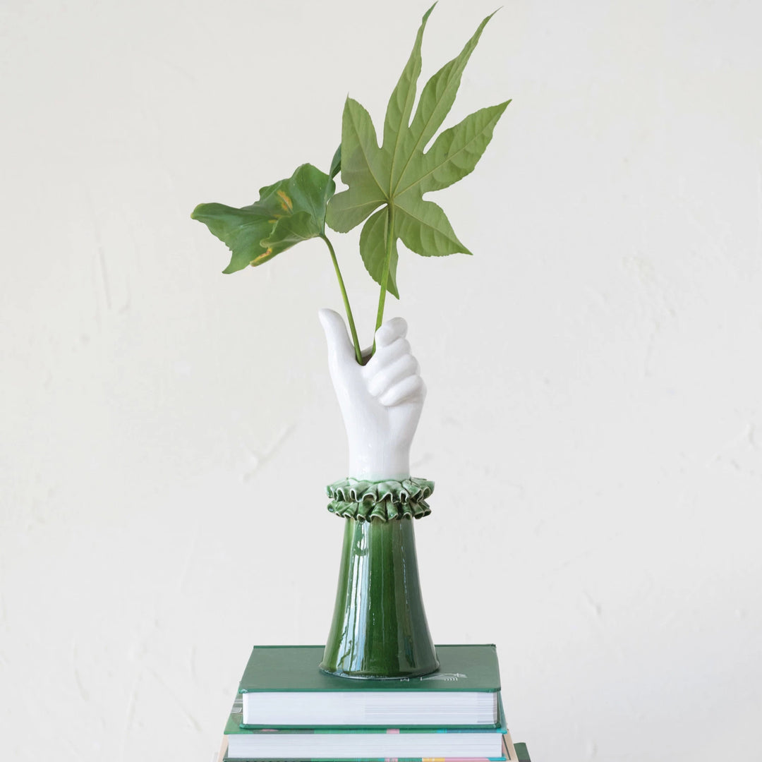 Stoneware Hand Shaped Vase w/ Ruffled Shirt Sleeve
