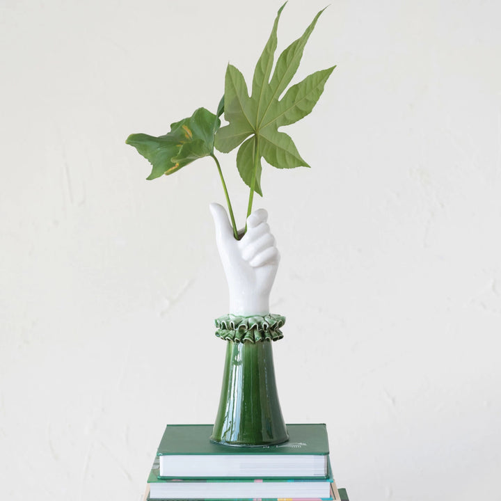 Stoneware Hand Shaped Vase w/ Ruffled Shirt Sleeve