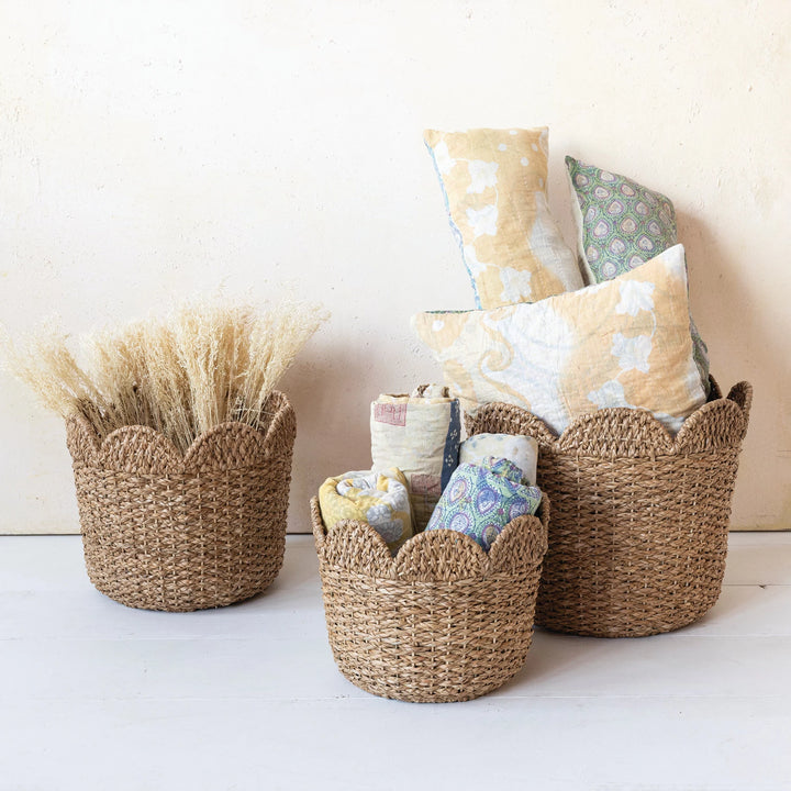 Braided Bankuan & Rattan Baskets w/ Scalloped Edge