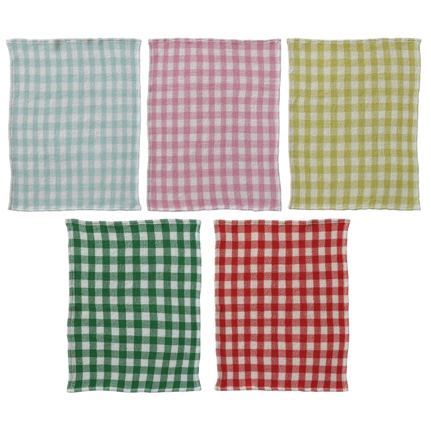 Cotton Waffle Weave Tea Towel with Gingham Pattern
