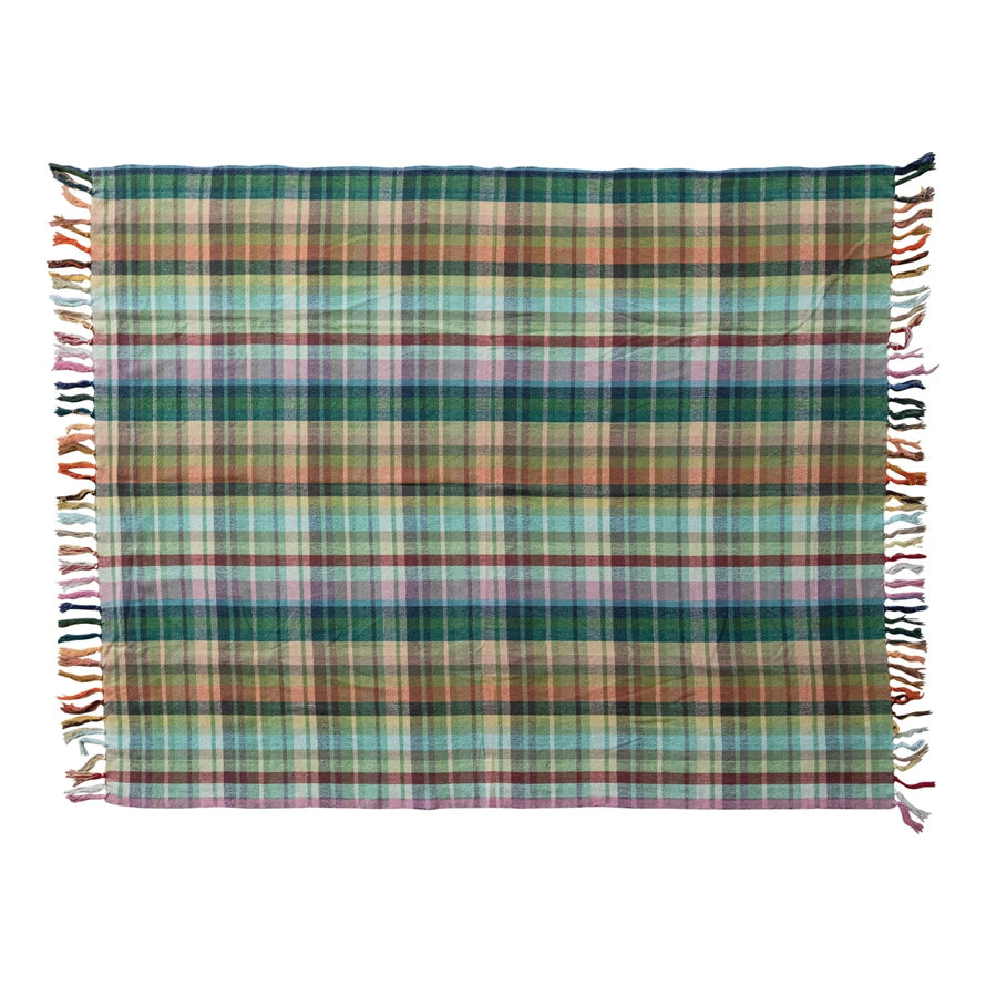 Woven Cotton Throw with Pattern & Fringe Plaid