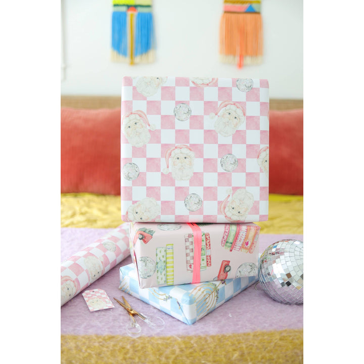 Disco Santa Claus Pink Checker Print Gift Wrap