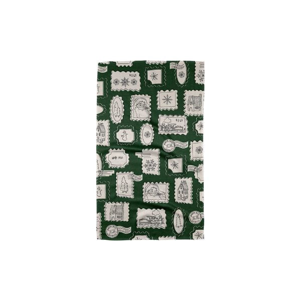Christmas Stamp Green Tea Towel
