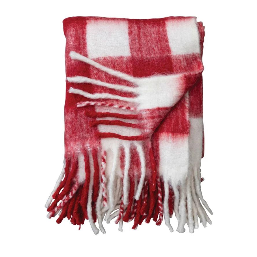 Red & White Plaid Woven Acrylic Throw w/ Fringe